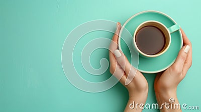 Minimalist office break with coffee on clean desk, pastel background, top view mockup Stock Photo