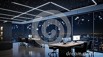 A minimalist office space illuminated only by a constellation of LED stars shaped like business icons and logos Stock Photo