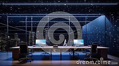 A minimalist office space illuminated only by a constellation of LED stars shaped like business icons and logos Stock Photo