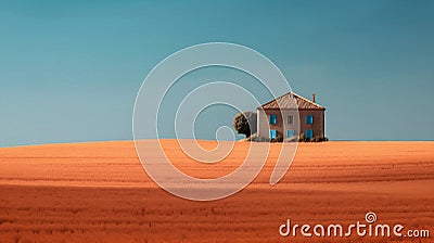 Minimalist oil paint landscape of a brick house in the middle of grass field with blue clear sky Stock Photo