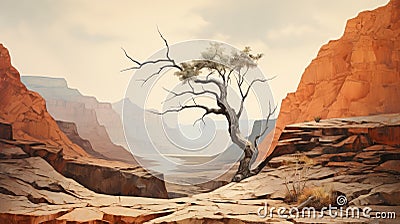 Minimalist Canyon Oil Painting With Lone Tree Stock Photo