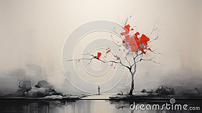 Minimalist Insect-inspired Oil Painting With Lone Tree Focal Point Stock Photo