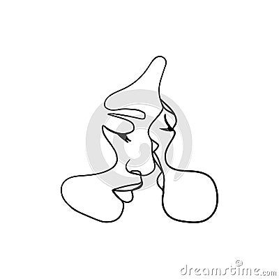 Minimalist one line couple kiss. Abstract man woman love, romantic lovers continuous line art print. Vector illustration Vector Illustration