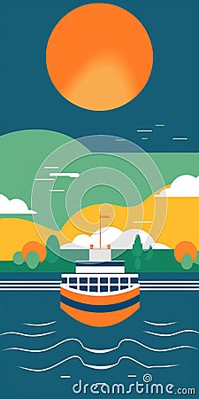 Minimalist Orange Ferry Driving Through Blue-green Forest Illustration Cartoon Illustration