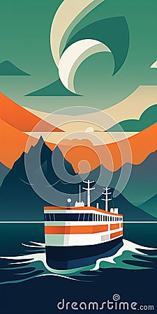 Minimalist Orange Ferry Driving Through Blue-green Forest Illustration Cartoon Illustration