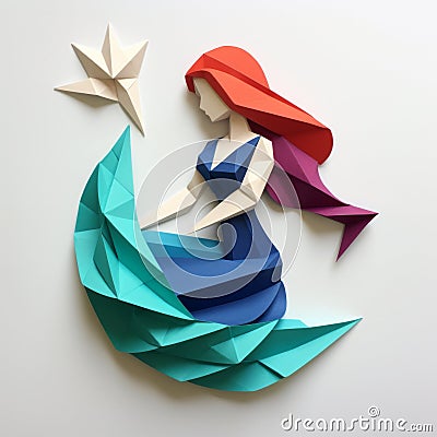 Minimalist Origami Mermaid: Colorful Paper Art Illustration Stock Photo