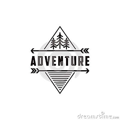 Minimalist outdoor adventure badge logo with pine trees and arrow vector Vector Illustration