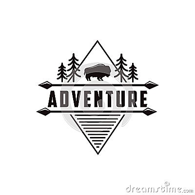 Minimalist outdoor adventure badge logo with pine trees, bison and arrow vector illustration Vector Illustration