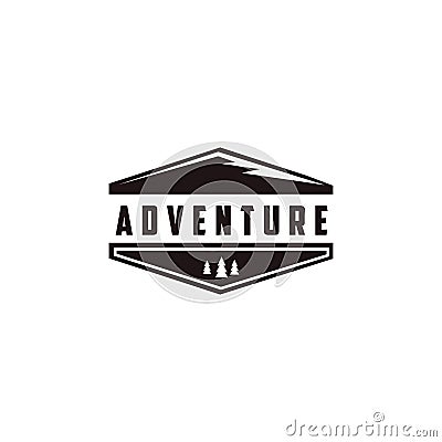 Minimalist outdoor adventure badge logo with pine trees and mountain vector illustration Vector Illustration