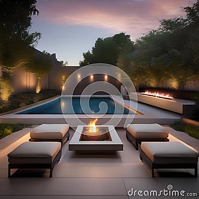 A minimalist outdoor patio with sleek furniture, a fire pit, and a serene water feature5 Stock Photo