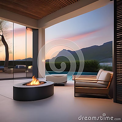 A minimalist outdoor patio with sleek furniture, a fire pit, and a serene water feature2 Stock Photo