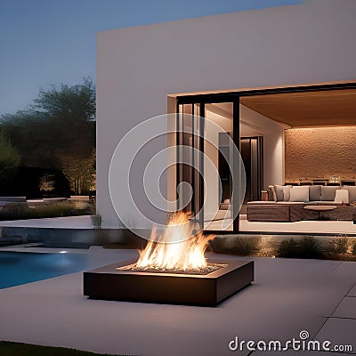 A minimalist outdoor patio with sleek furniture, a fire pit, and a serene water feature3 Stock Photo