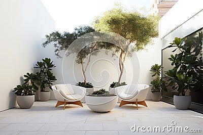 Minimalist Outdoor Patio With Sleek Furniture And Potted Plants Minimalist Interior Design. Generative AI Stock Photo