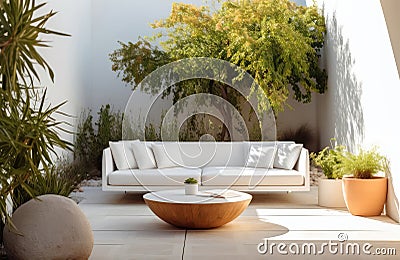 Minimalist Outdoor Patio With Sleek Furniture And Potted Plants Minimalist Interior Design. Generative AI Stock Photo