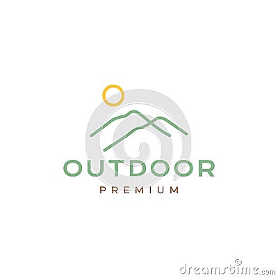 Minimalist outdoor peak hill mount with sunset logo Vector Illustration