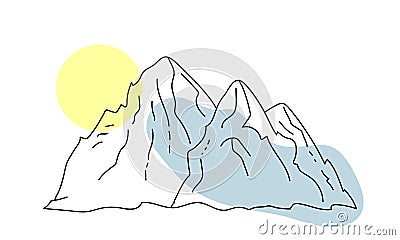 Minimalist outline mountains, sun. Trendy abstract illustration with color spots. Vector Illustration