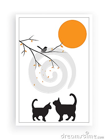 Two cats silhouettes and bird on branch in sunset, vector. Minimalist poster design isolated on white background. Cartoon Illustration