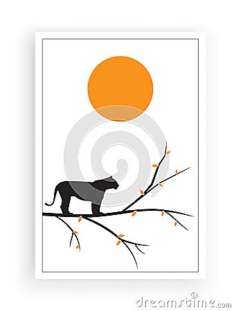 Panther silhouette on branch on tree on sunset sunrise, vector. Scandinavian minimalist art design. Wall artwork Vector Illustration