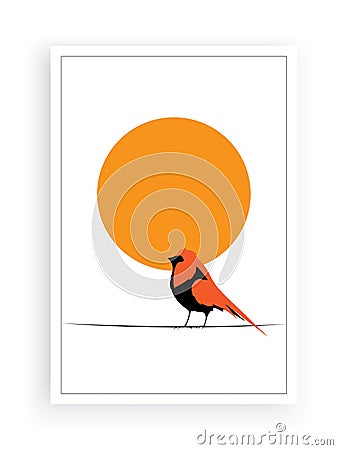 Bird on wire on sunset, vector. Scandinavian minimalist art design. Poster design, wall art, artwork. Robin Bird Silhouette Vector Illustration