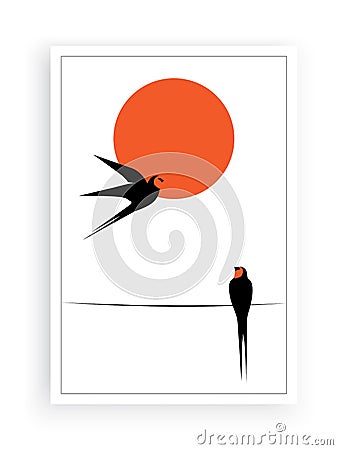 Barn swallow silhouette on wire on sunset, vector. Two birds silhouettes on wire isolated on white background. Minimalist art desi Vector Illustration