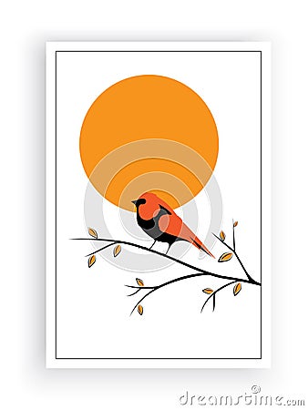 Bird on Branch on sunset, Vector. Scandinavian minimalist art design. Poster design, wall art, artwork. Robin Bird Silhouette Vector Illustration