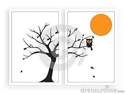 Owl silhouette on tree on full moon. Scandinavian minimalist art design. Two pieces poster design. Wall art, artwork Cartoon Illustration