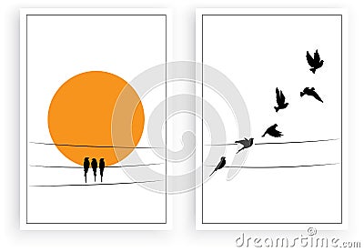 Birds on wire and flying birds silhouettes on sunset, vector. Vector Illustration