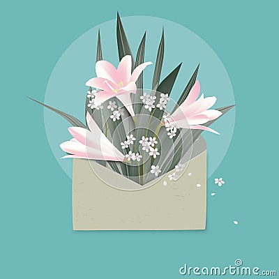 Minimalist pastel pink rain lilies flowers with leaves in envelope on blue background Vector Illustration