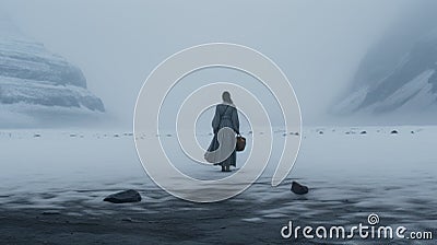 Minimalist Peasant Girl Walking On Frozen Lake In Iceland Stock Photo