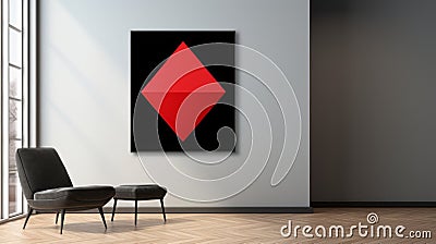 Minimalist Performance Art: White Room With Black Chair And Red Diamond Stock Photo