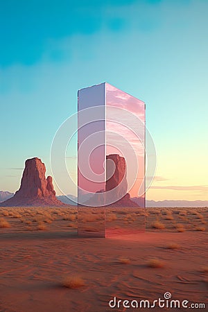 minimalist photography concept where a transparent cube stands in the midst of a vast desert landscape. Stock Photo