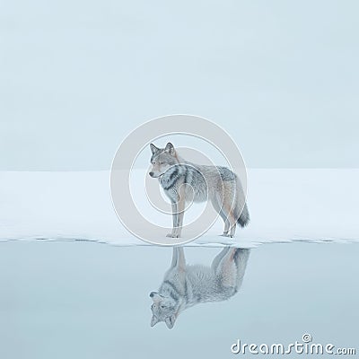 Minimalist Photography: Lone Wolf In Mirrored Realms Stock Photo