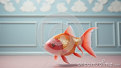 Minimalist Photography: A Playful Goldfish In An Empty Room Stock Photo