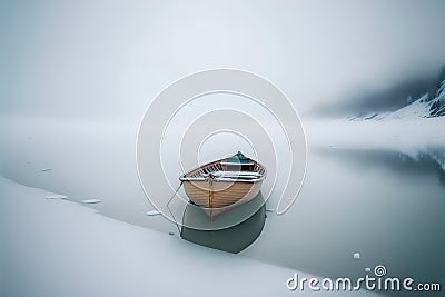 Minimalist picture of a small boat on a partially frozen lake. Winter landscape. Stock Photo
