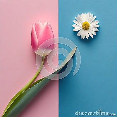 Minimalist pink tulip and daisy on a pink and blue background. Stock Photo