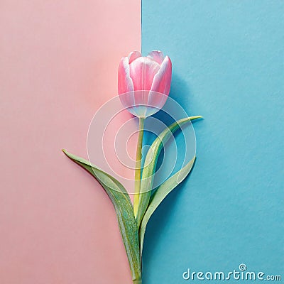 Minimalist pink tulip on a blue and pink background. Stock Photo