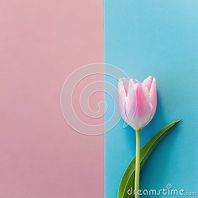 Minimalist pink tulip on a pink and blue background. Stock Photo