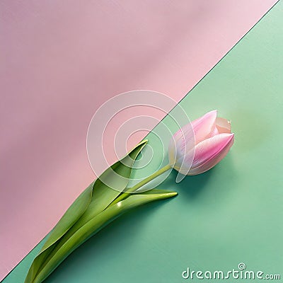 Minimalist pink tulip on a green and pink background. Stock Photo