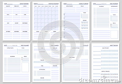 Minimalist planner pages templates. Organizer page, diary and daily control book. Life planners, weekly and days Vector Illustration