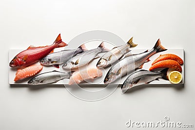 A minimalist presentation of various types of fish on white background generative AI Stock Photo