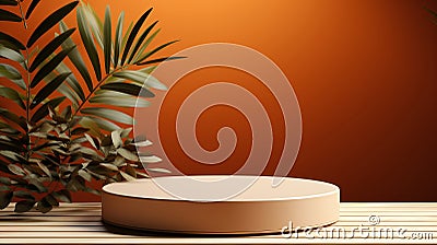 Minimalist product display with a round pedestal on orange backdrop. Perfect for showcasing goods Stock Photo