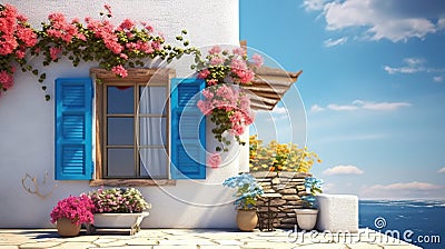 minimalist rendering of a part of a Greek house by the sea with a blue window Stock Photo