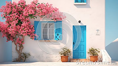 minimalist rendering of a part of a Greek house by the sea with a blue window Stock Photo