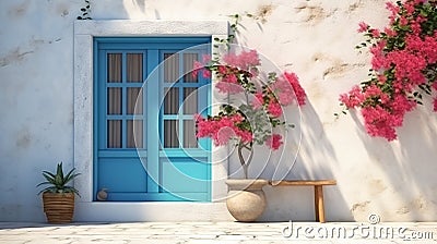 minimalist rendering of a part of a Greek house by the sea with a blue window Stock Photo