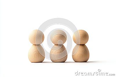A minimalist representation of three wooden figures standing in a row symbolizing unity diversity or teamwork Ideal for Stock Photo