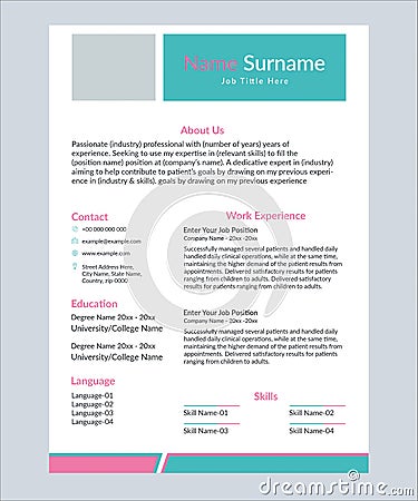 minimalist resume cv template design in blue and pink color Vector Illustration