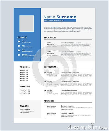 minimalist resume cv template design with blue and white color Vector Illustration