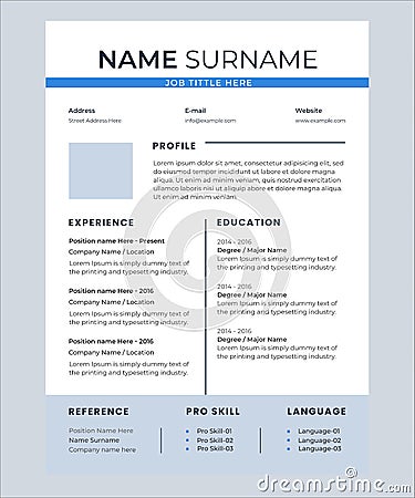 minimalist resume template with clean and simple design in blue color Vector Illustration