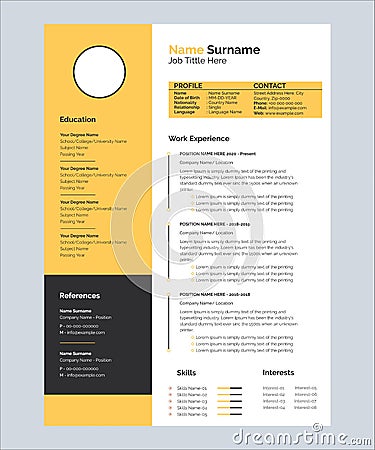 minimalist resume template design with yellow and black color for your business Vector Illustration