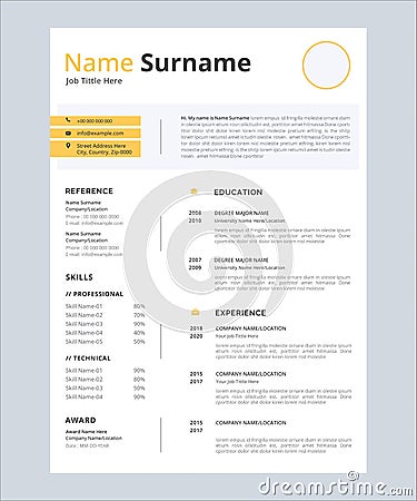 minimalist resume template design with yellow elements, vector eps10 Vector Illustration